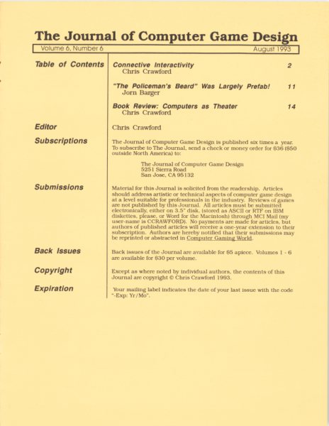 Cover of The Journal of Computer Game Design issue 6