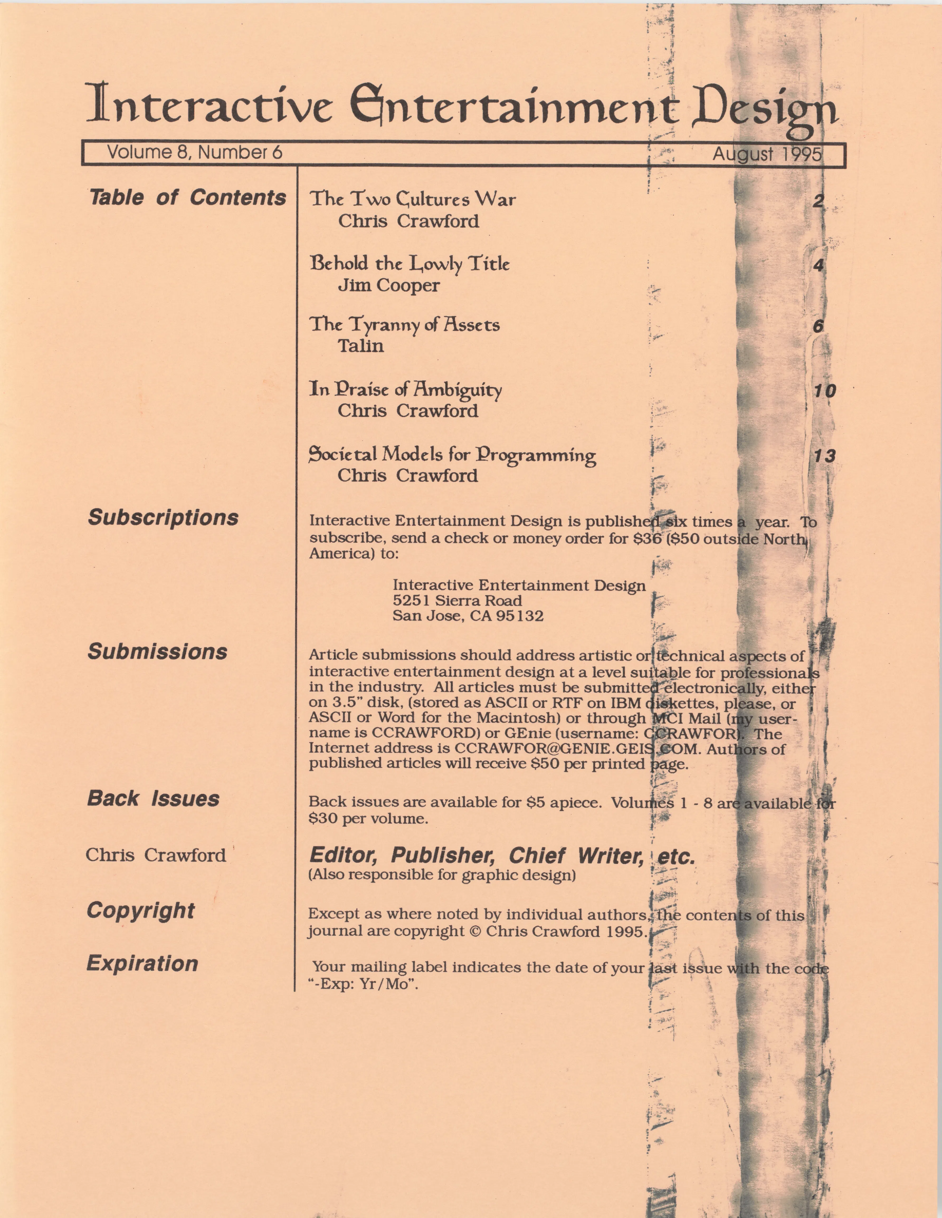 The Journal of Computer Game Design issue 6, August 1995, page 1